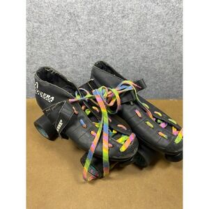 Riedell Carrera Speed Skates Unisex Black Good Vintage Rainbow Laces Quad